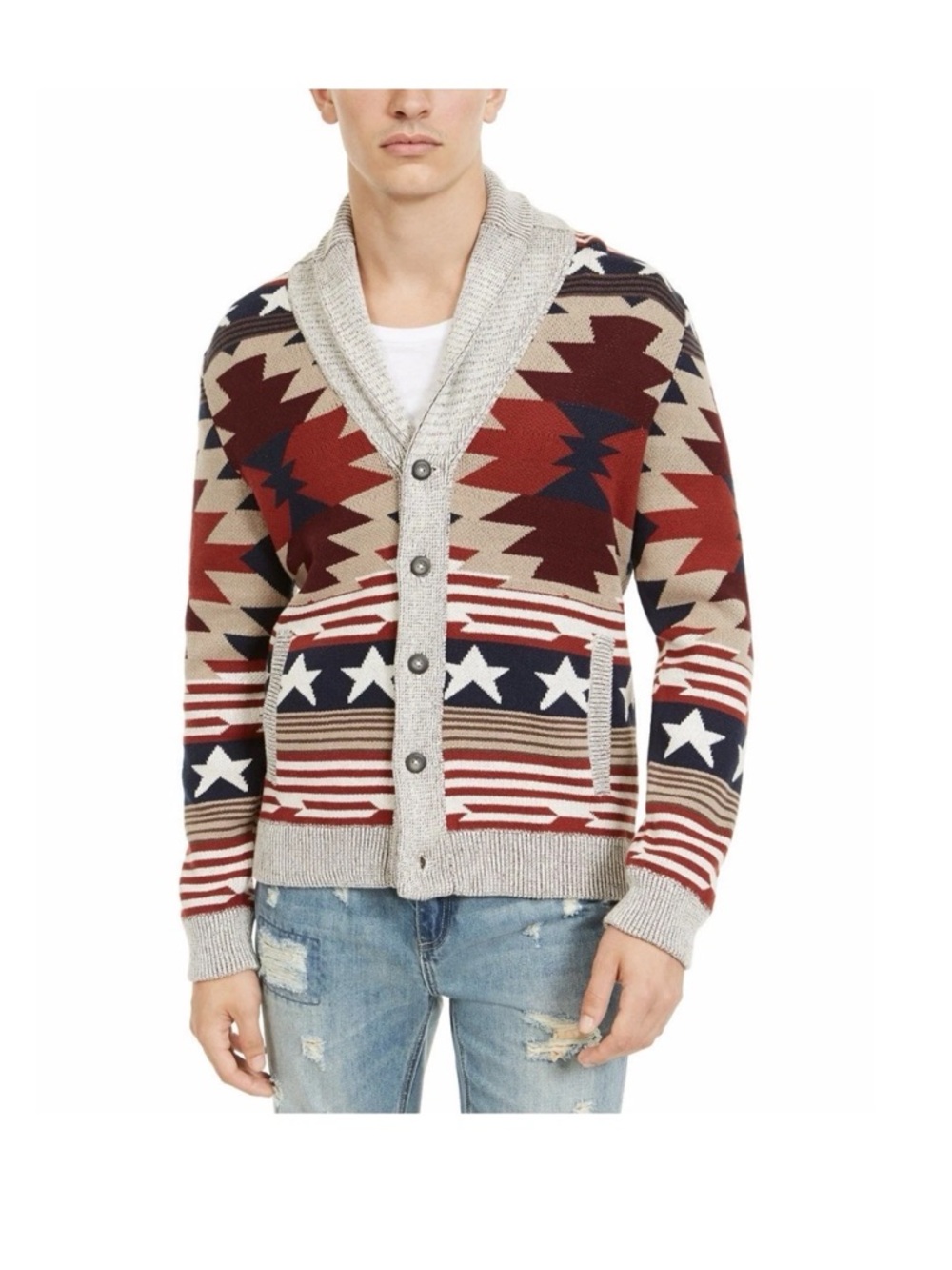American Rag Shawl Collar Cardigan - Red, Navy & Cream